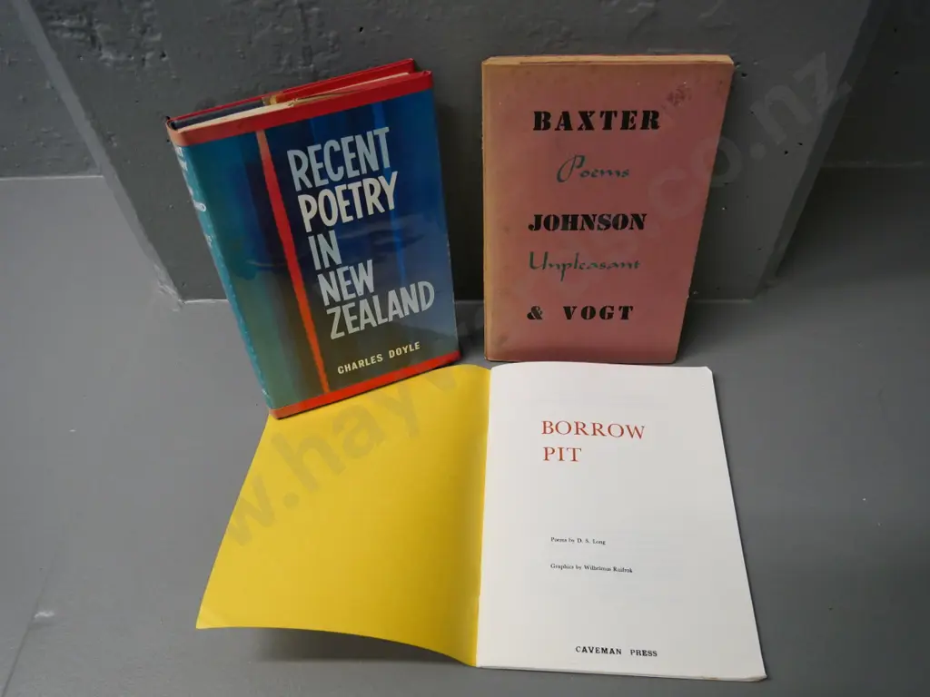 3 poetry books: Baxter/Johnson/Voigt - Poems Unpleasant (damage to DJ) D.S. Long's Borrow Pit ltd. ed. of 500 1 other Image 1++