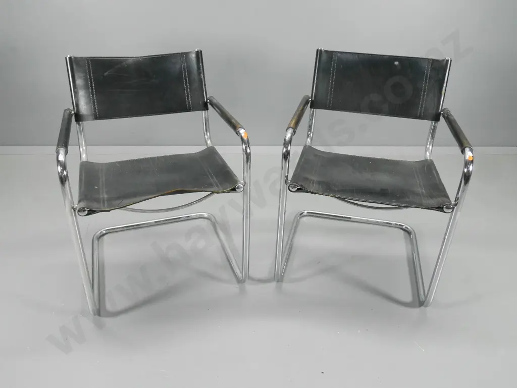 pair of Bauhaus style chrome tubular frame chairs w/black leather seat & back - wear to leather H770 W560 D520 Image 1++