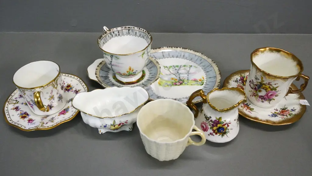 Royal Crown Derby coffee can & saucer, Hammersley cream & sugar, coffee cup & saucer, Royal Albert tennis, Belleek cup Image 1++