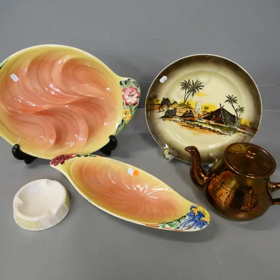 2 Shorter & Sons Bouquet bowls, a Belleek ashtray, Wilkinson's Homeland Series 'Africa' plate, copper lustre teapot