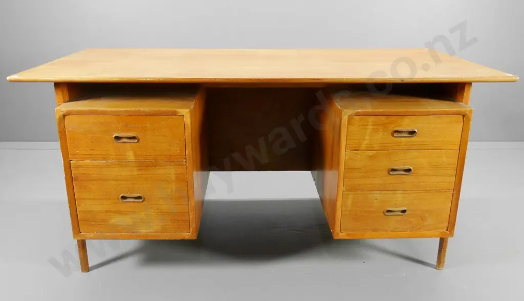 mid-century Scandinavian style teak double pedestal 5-drawer desk - polish needs attention H720 W1520 D710 Image 1++