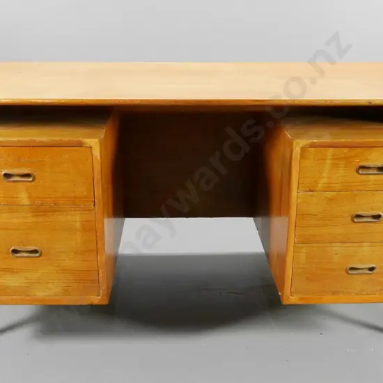 mid-century Scandinavian style teak double pedestal 5-drawer desk - polish needs attention H720 W1520 D710