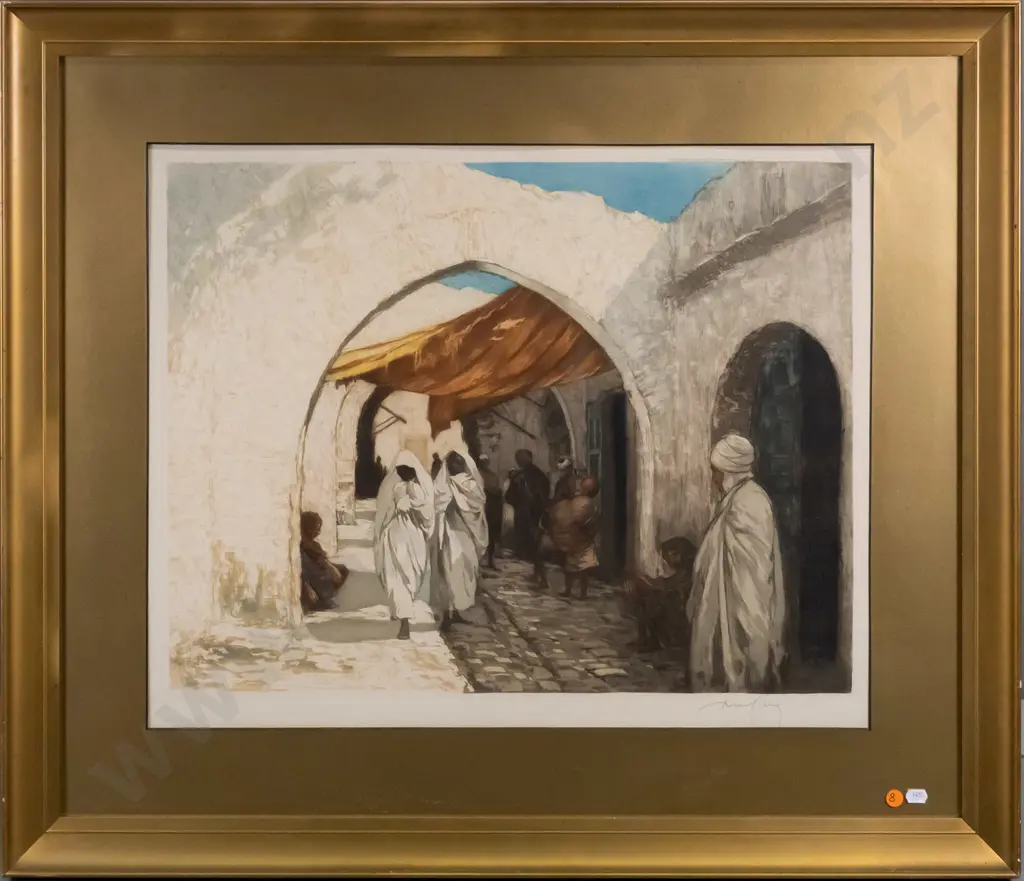 gilt framed print - Middle Eastern street scene H-435 W-560 Image 1++