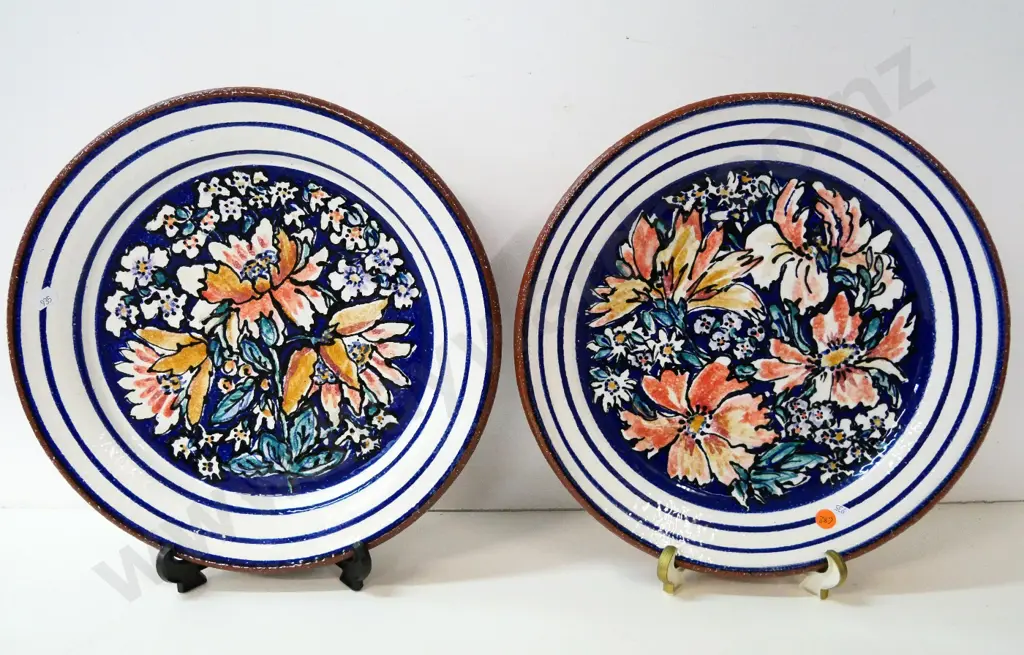 two hand-painted Estuary Arts Golden Bay decorative chargers/plates with wire hangers - diameter 340 Image 1++