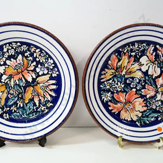 two hand-painted Estuary Arts Golden Bay decorative chargers/plates with wire hangers - diameter 340