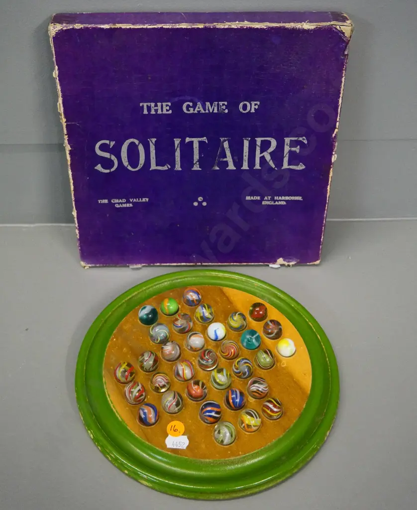vintage Chad Valley Solitaire board game - wooden board and vintage marbles - wear to box and finish of board Image 1++
