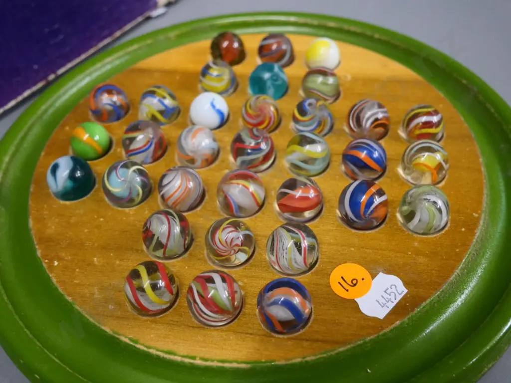 vintage Chad Valley Solitaire board game - wooden board and vintage marbles - wear to box and finish of board Image 1++
