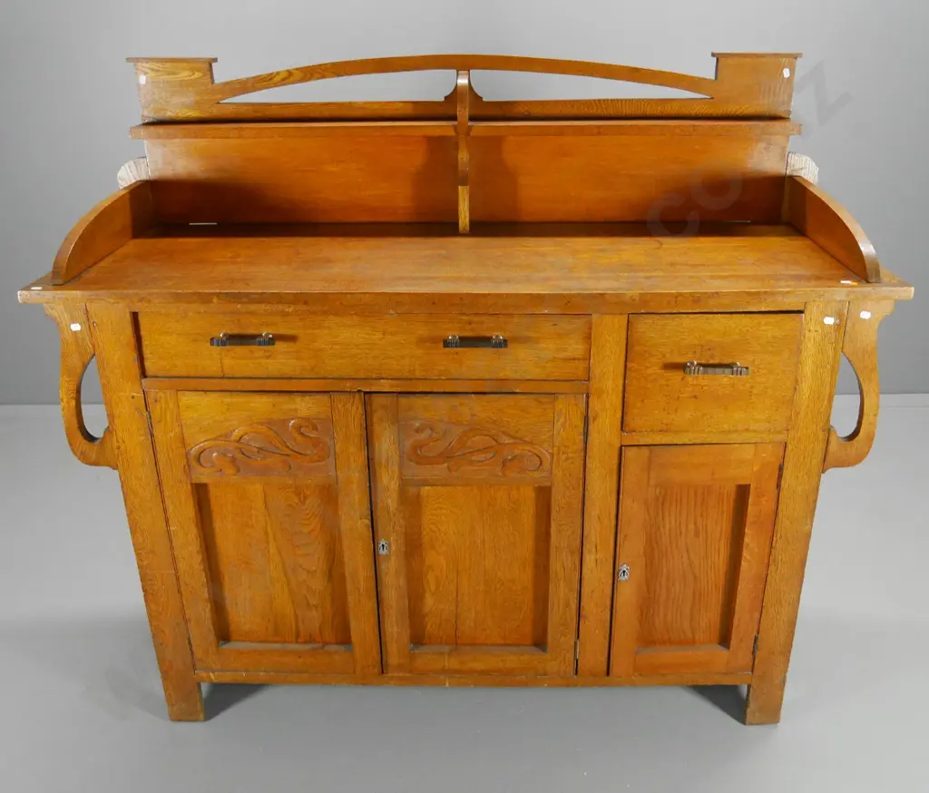deco oak sideboard with carved panels, bakelite handles, 3 drawers, 3 doors - H-1340 W-1520 D-520 Image 1++