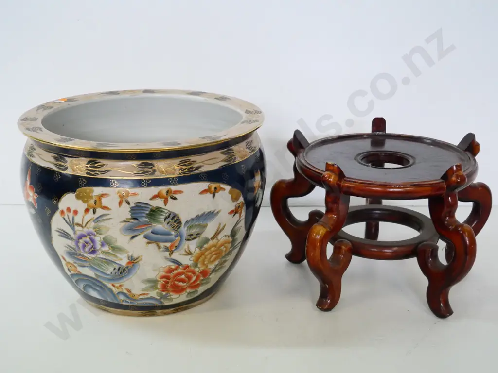 Chinese hand-painted large fish bowl with wooden stand H-300 Diameter 380 Stand H-250 Image 1++