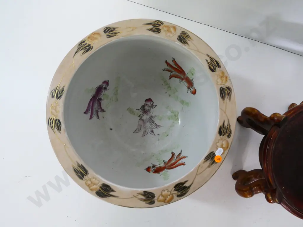 Chinese hand-painted large fish bowl with wooden stand H-300 Diameter 380 Stand H-250 Image 1++