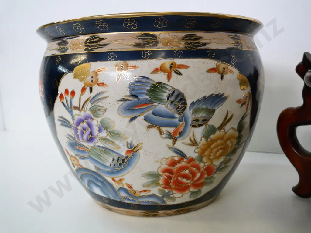 Chinese hand-painted large fish bowl with wooden stand H-300 Diameter 380 Stand H-250 Image 1++