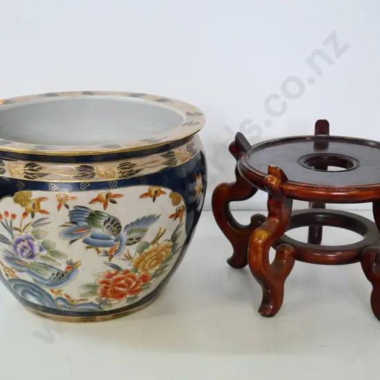 Chinese hand-painted large fish bowl with wooden stand H-300 Diameter 380 Stand H-250