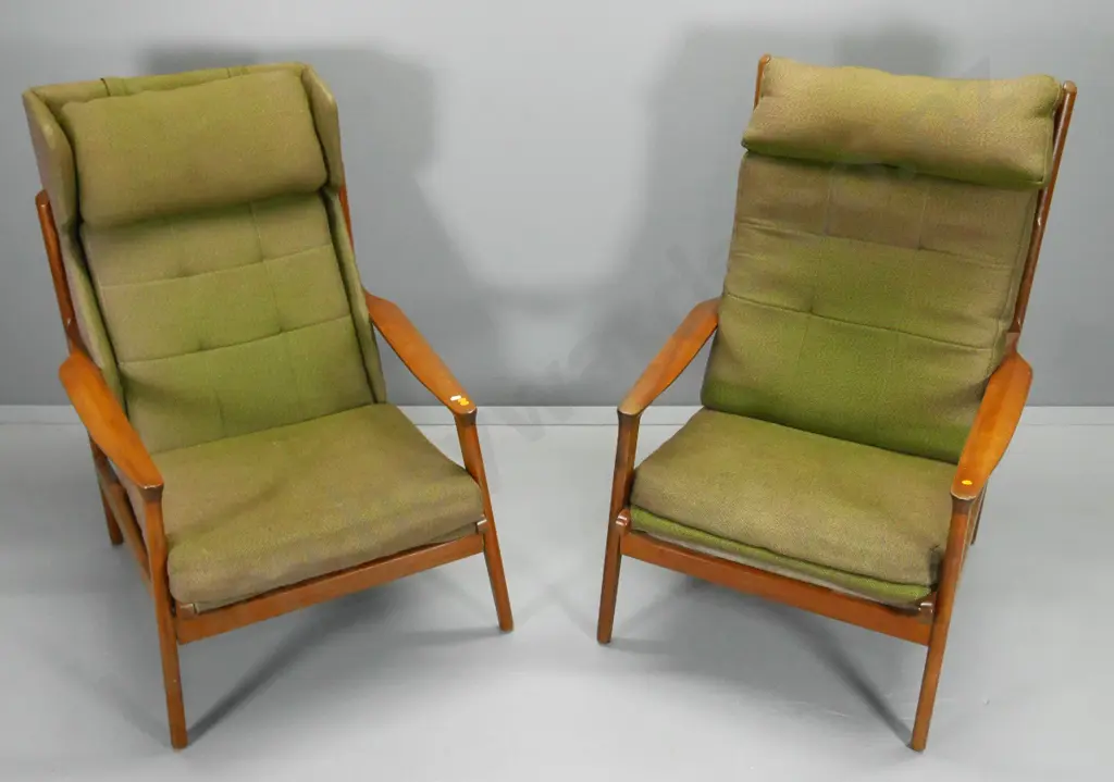 pair of mahogany mid-century Fler NZ "Karinga"  chairs - fading & wear to tweed upholstery - significant damage to  wood Image 1++