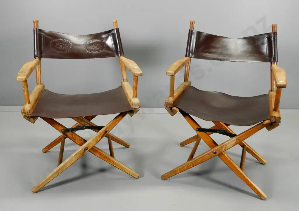 pair of director's chairs w/leather seats and backs - loose joints, polish needs work H830 W600 D450 Image 1++