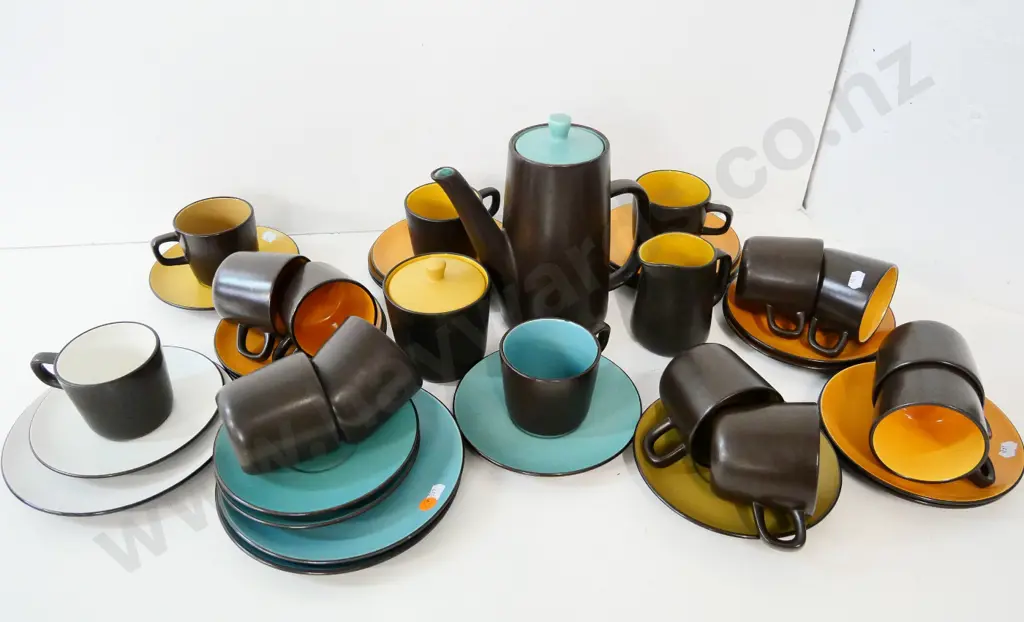 large collection of Mikasa brown and multi-colour tea and coffee ware - coffee pot, 12 cups & saucers, 3 trios etc. Image 1++
