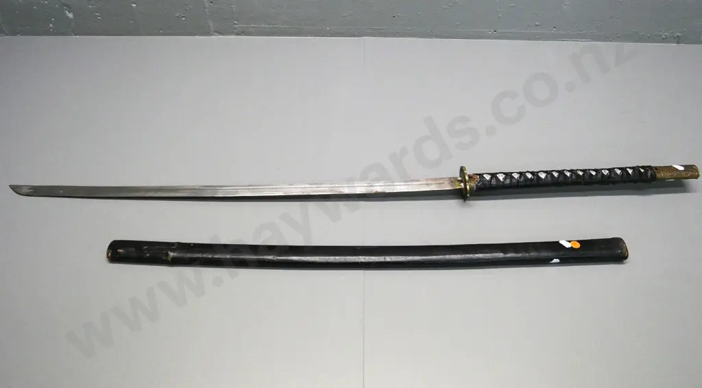 Japanese style sword L-1030 with leather sheath, smaller knife inset into handle of larger - wear & corrosion Image 1++