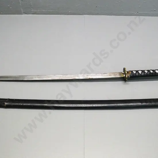 Japanese style sword L-1030 with leather sheath, smaller knife inset into handle of larger - wear & corrosion