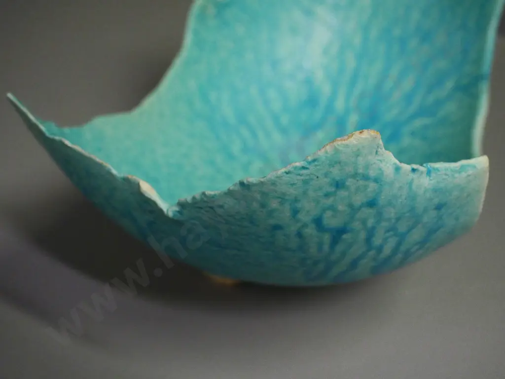 2 Danny Moorwood art pottery footed slab bowls - teal one H-130 L-250, some damage/roughness along one end, other L-310 Image 1++