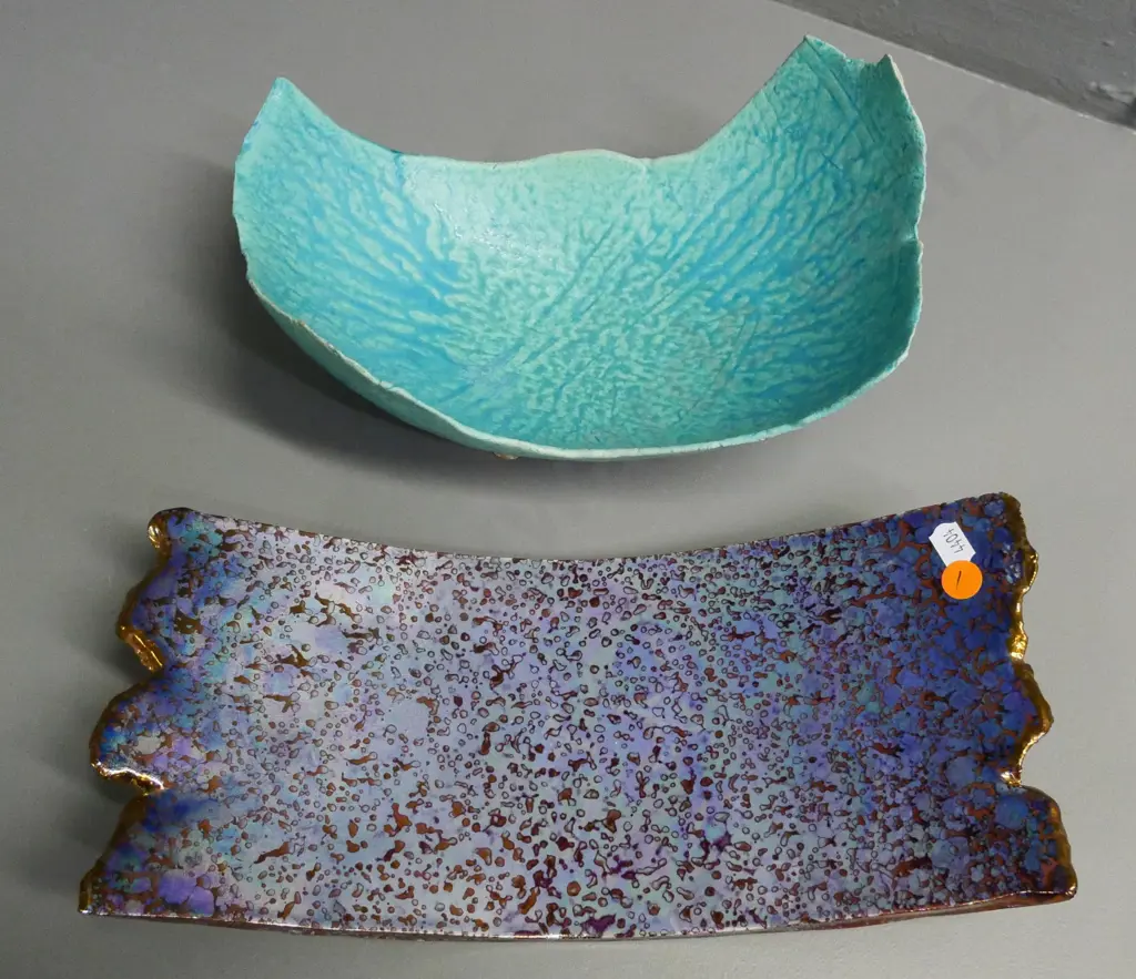 2 Danny Moorwood art pottery footed slab bowls - teal one H-130 L-250, some damage/roughness along one end, other L-310 Image 1++