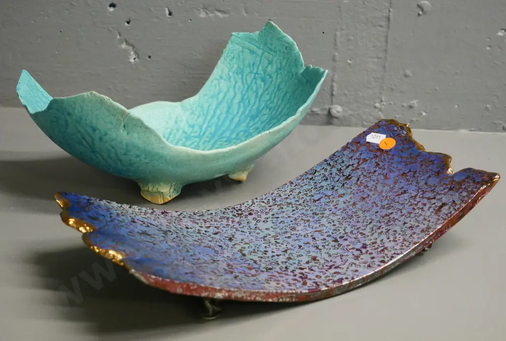 2 Danny Moorwood art pottery footed slab bowls - teal one H-130 L-250, some damage/roughness along one end, other L-310 Image 1++