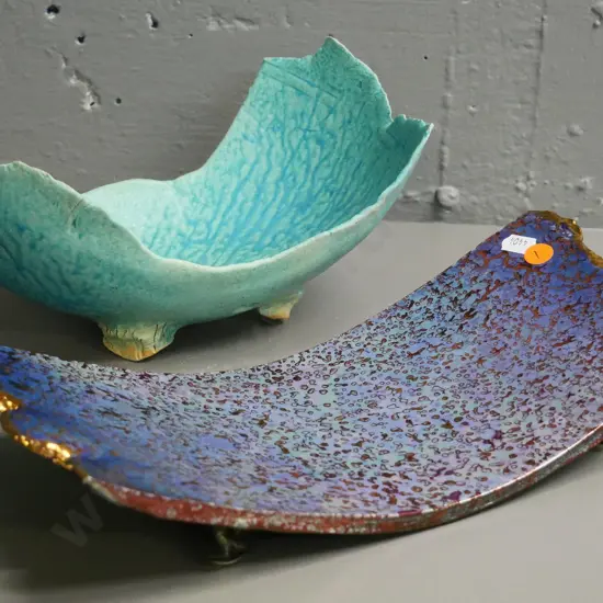 2 Danny Moorwood art pottery footed slab bowls - teal one H-130 L-250, some damage/roughness along one end, other L-310