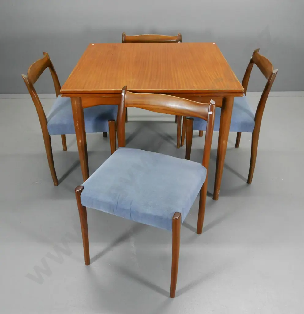 mid-century Scandinavian style teak end-leaf dining table & 4 velvet upholstered chairs. Wear to finish H740 900x900 Image 1++