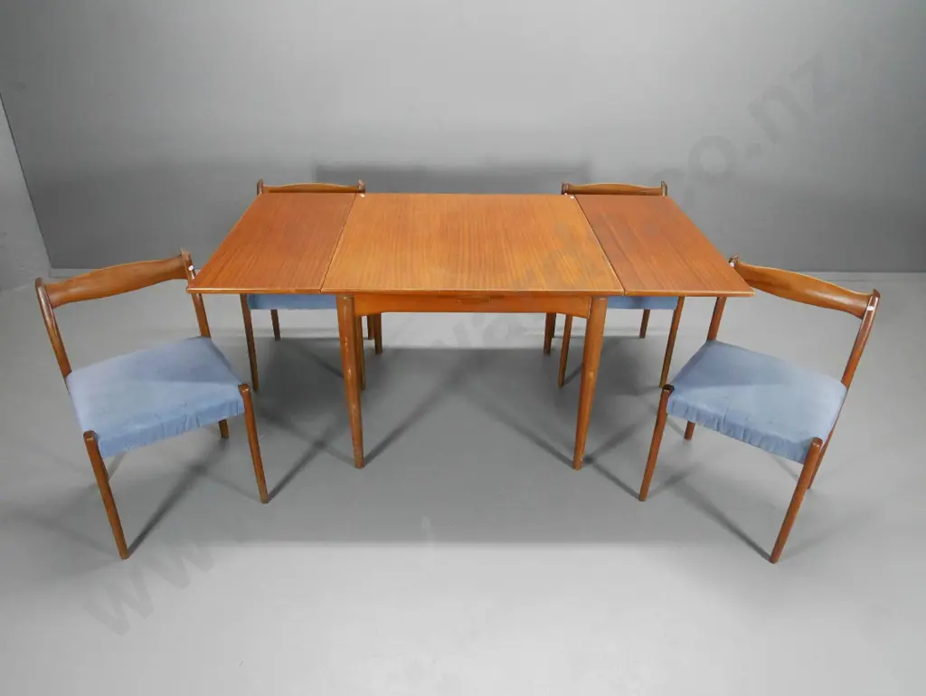 mid-century Scandinavian style teak end-leaf dining table & 4 velvet upholstered chairs. Wear to finish H740 900x900 Image 1++