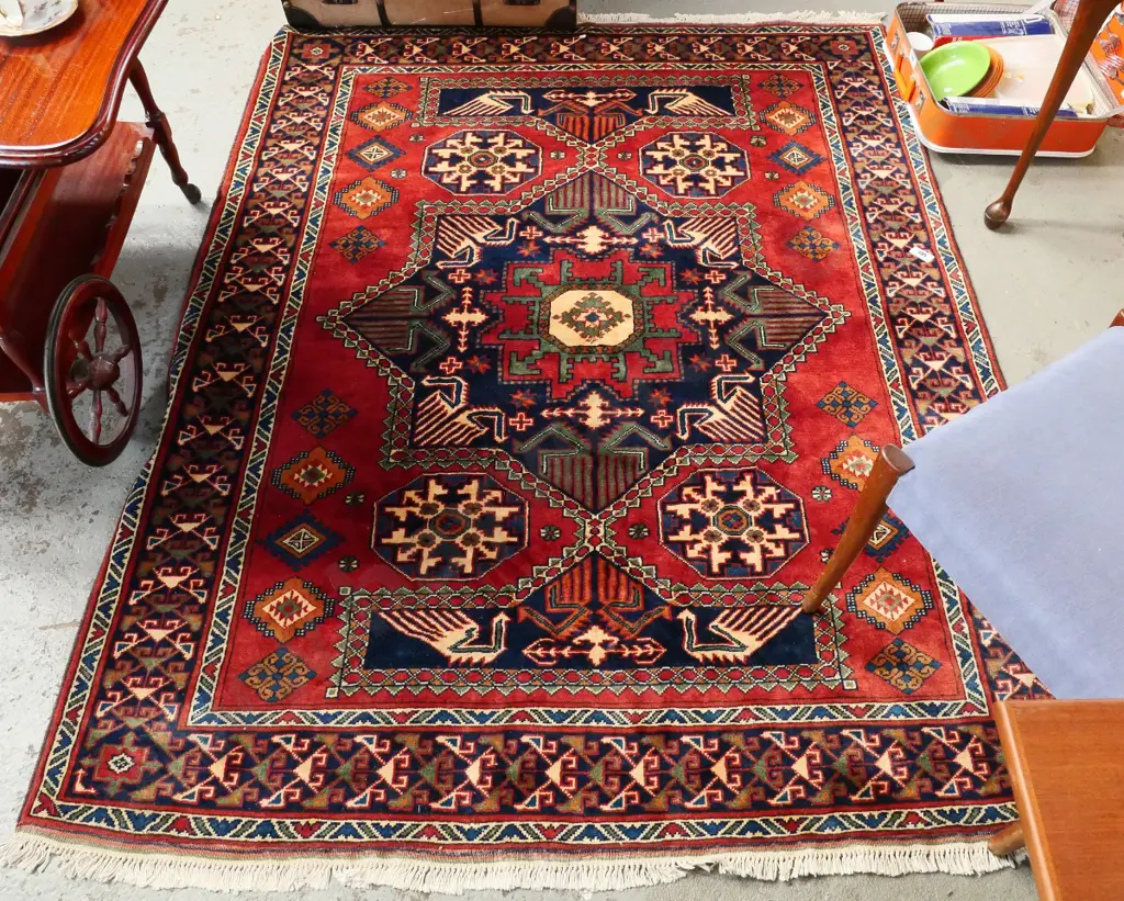 rust, blue and cream woolen floor mat L-2020 W-1600 Image 1++