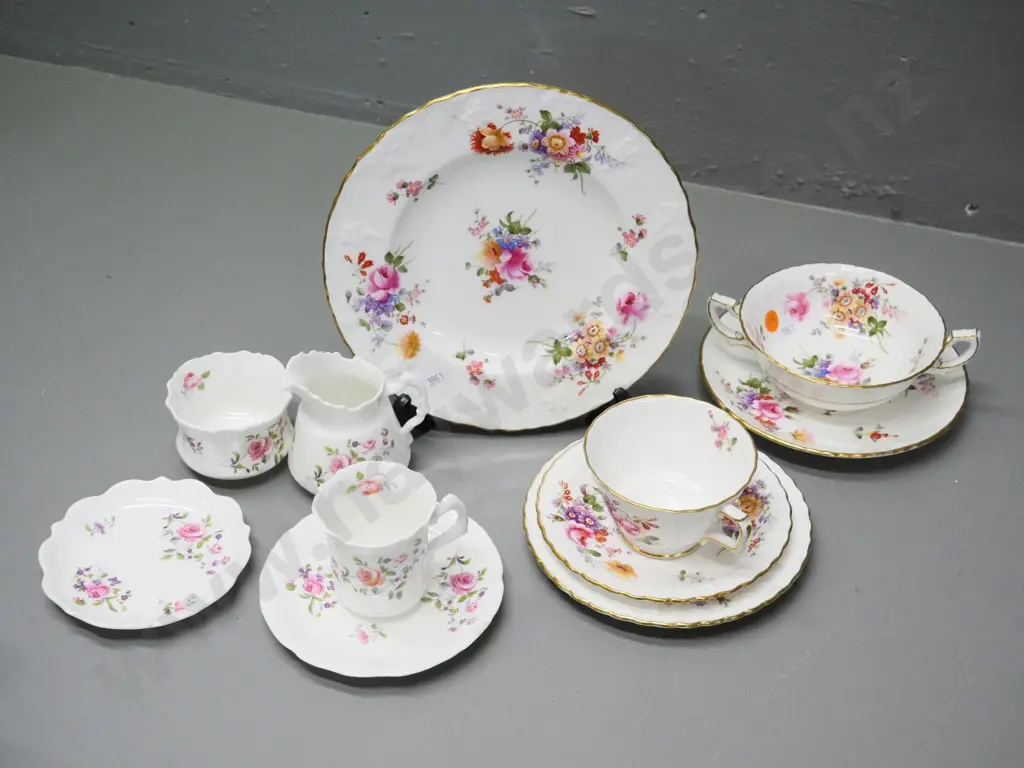 various Royal Crown Derby and Hammersley posies items cake plate, soup & saucer, trio, cream & sugar, etc. Image 1++