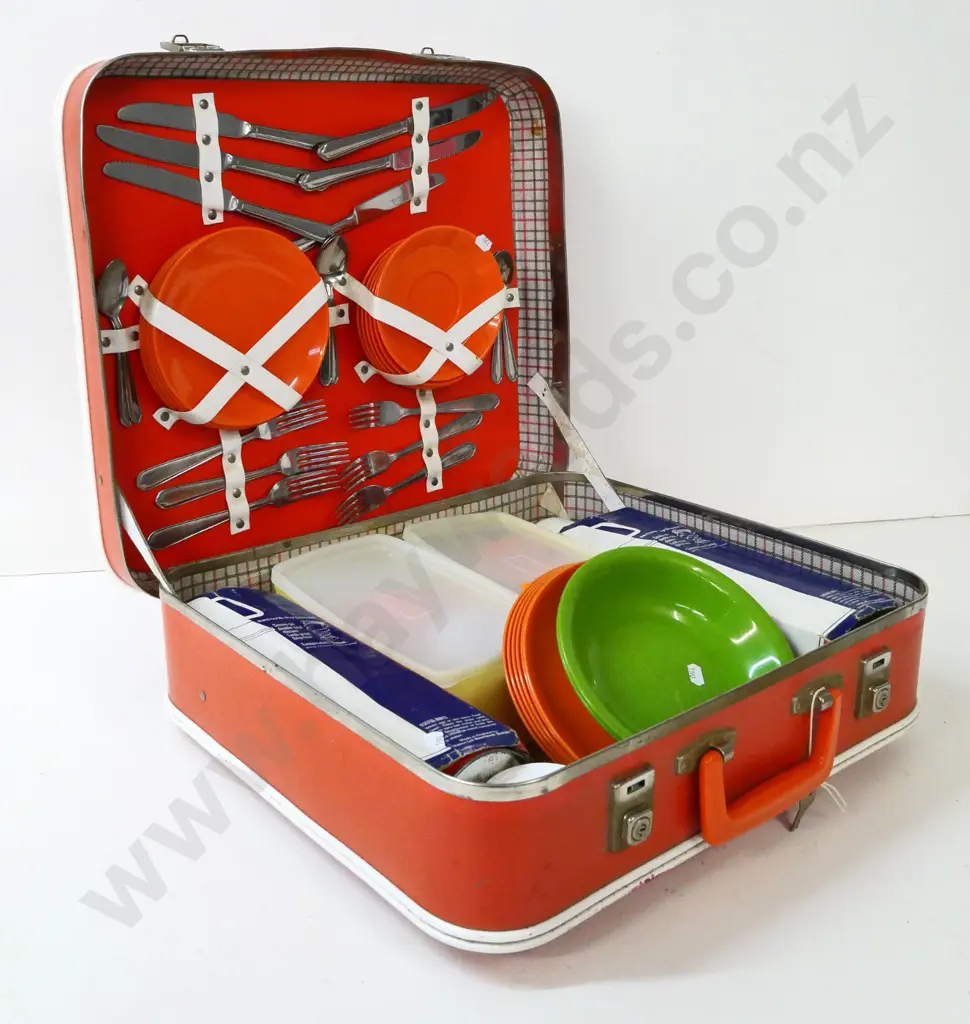 mid-century picnic set with some contents - 2 thermoses, metal cutlery, plastic plates & bowls, etc. Image 1++