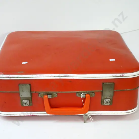mid-century picnic set with some contents - 2 thermoses, metal cutlery, plastic plates & bowls, etc.