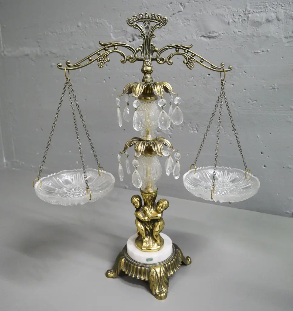 brass, marble and glass table centre stand with hanging sweet dishes on chains H-570 W-470 Image 1++