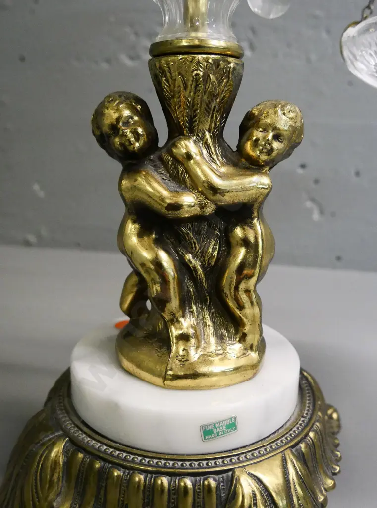 brass, marble and glass table centre stand with hanging sweet dishes on chains H-570 W-470 Image 1++