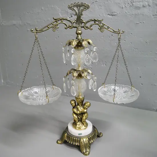 brass, marble and glass table centre stand with hanging sweet dishes on chains H-570 W-470