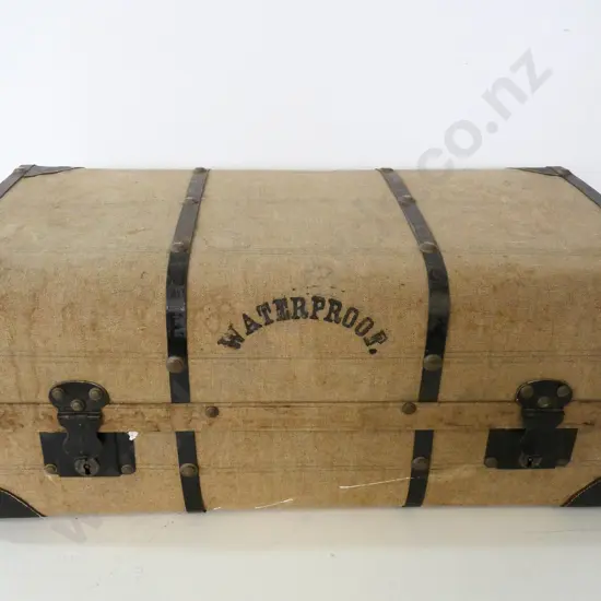 vintage travel trunk - canvas & board w/ metal strapping & catches, leather corners: staining and wear H310 W740 D410
