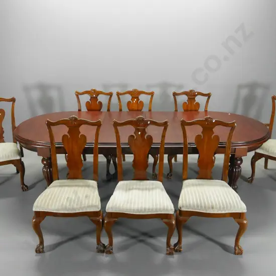 vintage mahogany oval dining table, 2 leaves, crank,  brass casters, 8 splat back chairs H770 W1100 L2580