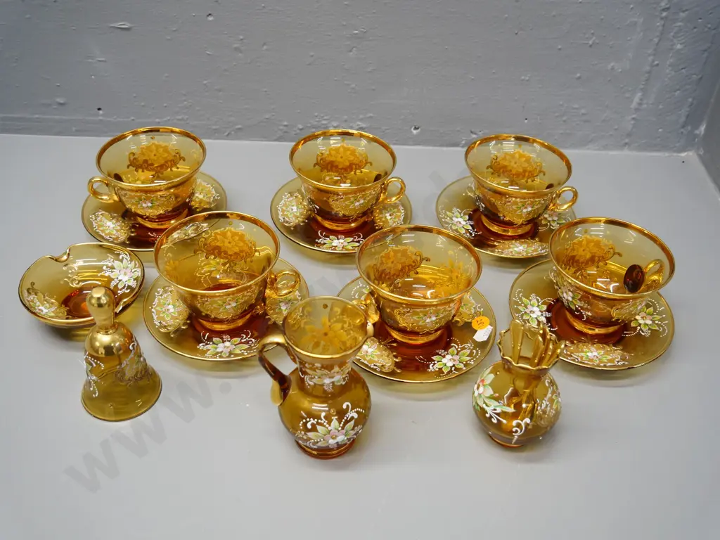 collection of Murano Venetian glass cups and saucers, jug, vase, bell, and dish & gold-plated coffee spoons Image 1++