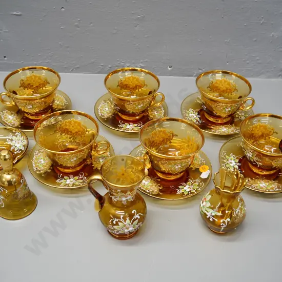 collection of Murano Venetian glass cups and saucers, jug, vase, bell, and dish & gold-plated coffee spoons
