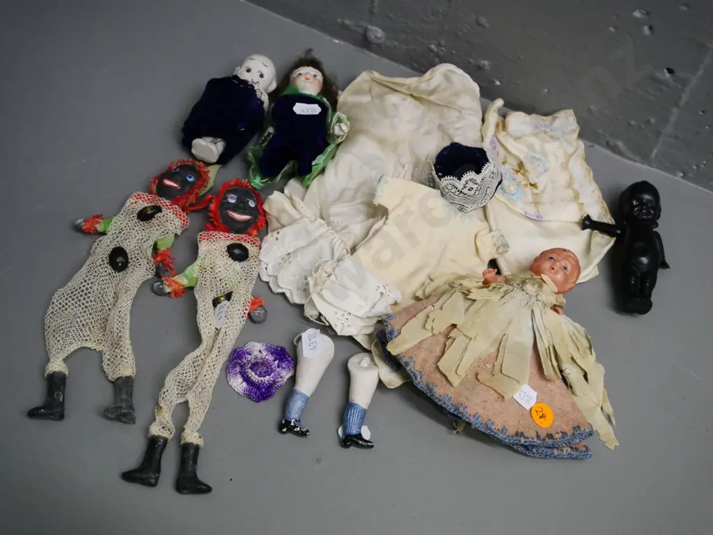 assorted vintage dolls and clothes - one is early plastic, two porcelain, spare legs etc. Image 1++
