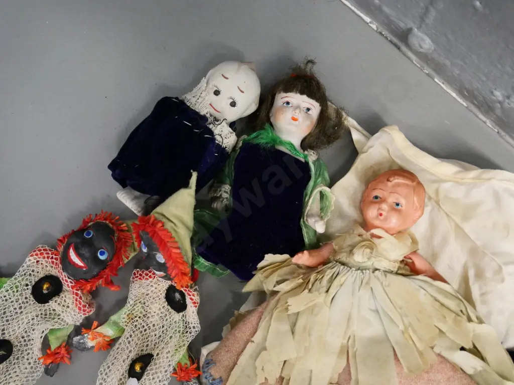 assorted vintage dolls and clothes - one is early plastic, two porcelain, spare legs etc. Image 1++