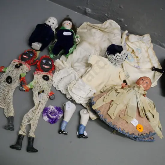 assorted vintage dolls and clothes - one is early plastic, two porcelain, spare legs etc.