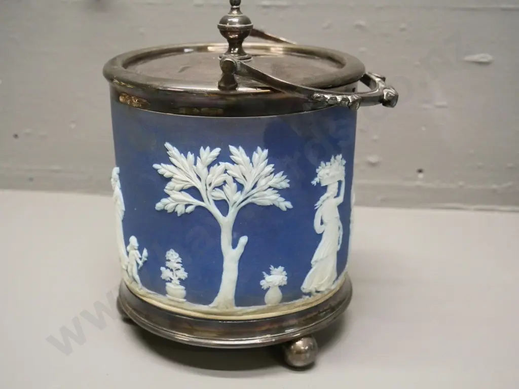early unmarked jasperware (Wedgwood?) biscuit barrel with silver plated base, handle and lid H-170 Image 1++