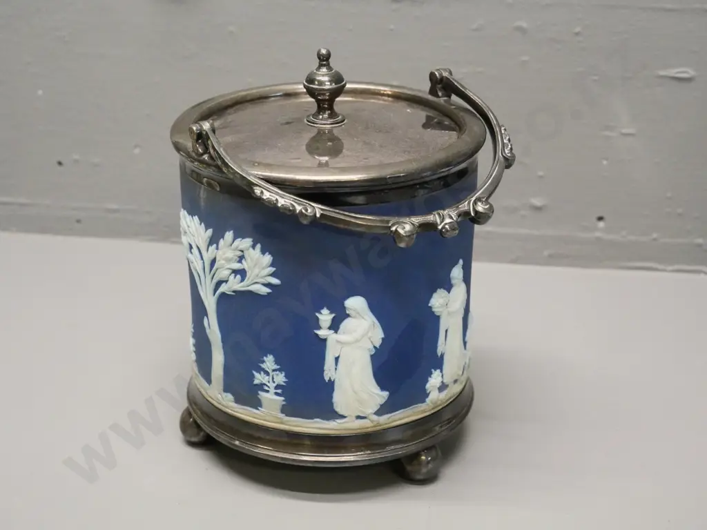 early unmarked jasperware (Wedgwood?) biscuit barrel with silver plated base, handle and lid H-170 Image 1++