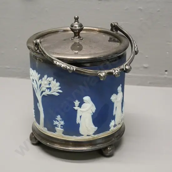 early unmarked jasperware (Wedgwood?) biscuit barrel with silver plated base, handle and lid H-170