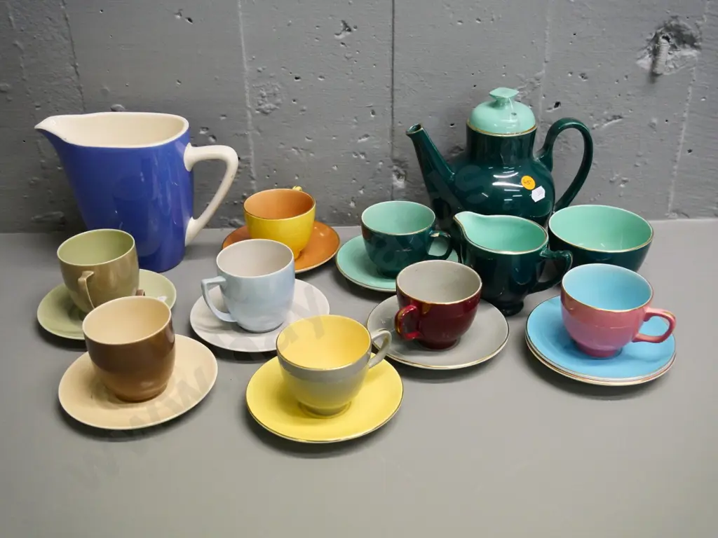 Palissy Riviera coffee set, 6 saucers, 5 cups (2 have damage) 3 Branksome coffee cups & saucers, & a Villeroy & Boch jug Image 1++