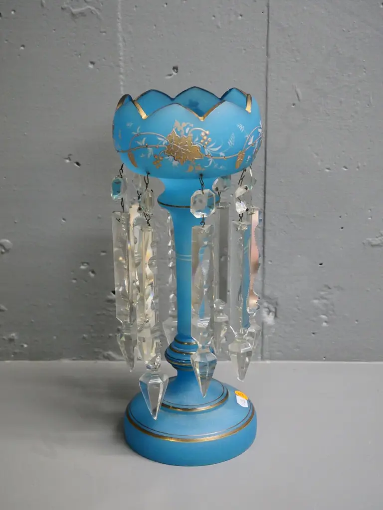 hand-painted teal crystal lustre comport - several lustres are mismatched size H-310 Image 1++