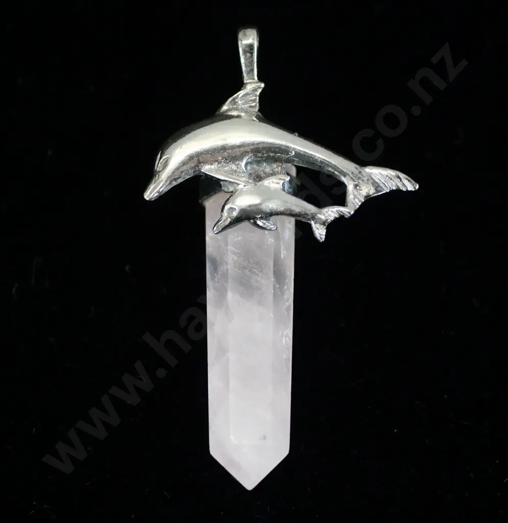 silver dolphin pendant on pink column stamped 925 - no chain Image 1++