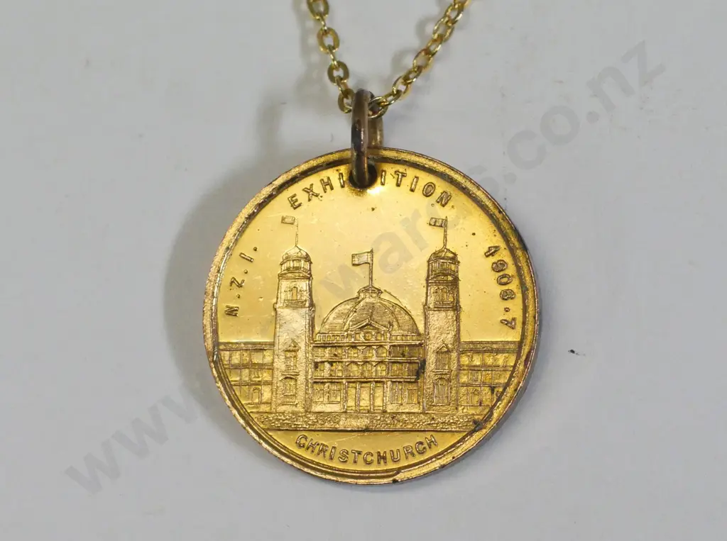 NZ exhibition 1906-7 Christchurch medalion on chain no marks Image 1++