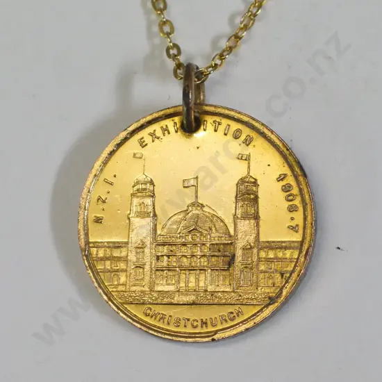 NZ exhibition 1906-7 Christchurch medalion on chain no marks