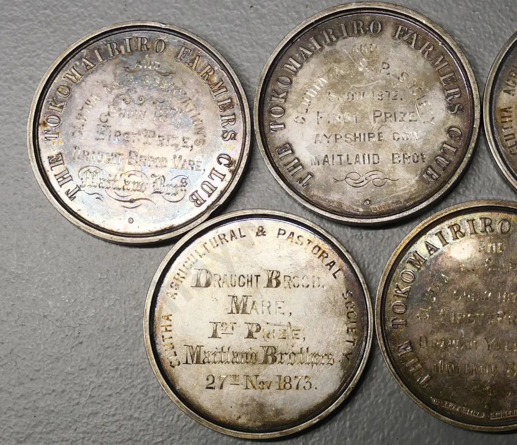 5 engraved agricultural prize medals - Maitland Brothers, Clutha/Tokomairiro 1871, 1872 & 1873 dates Image 1++
